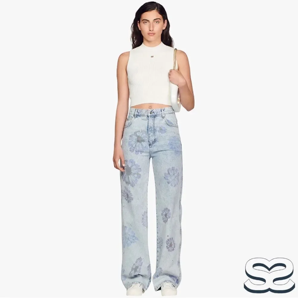 Sandro **NWT** Blossom Floral Print Rhinestone Straight Jeans in Blue Je… - Picture 6 of 15